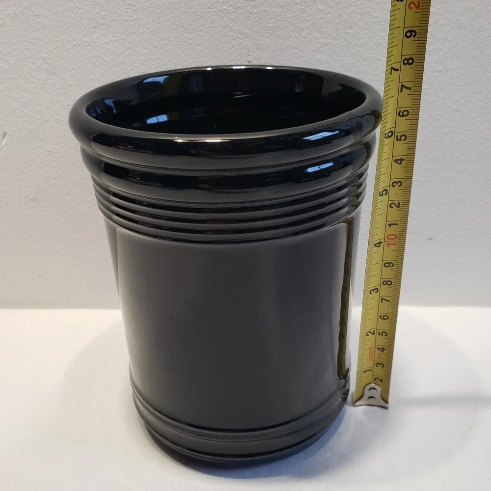 Utensil Crock Black Ribbed Ceramic Kitchen Storage Jar - 6.5in Tall